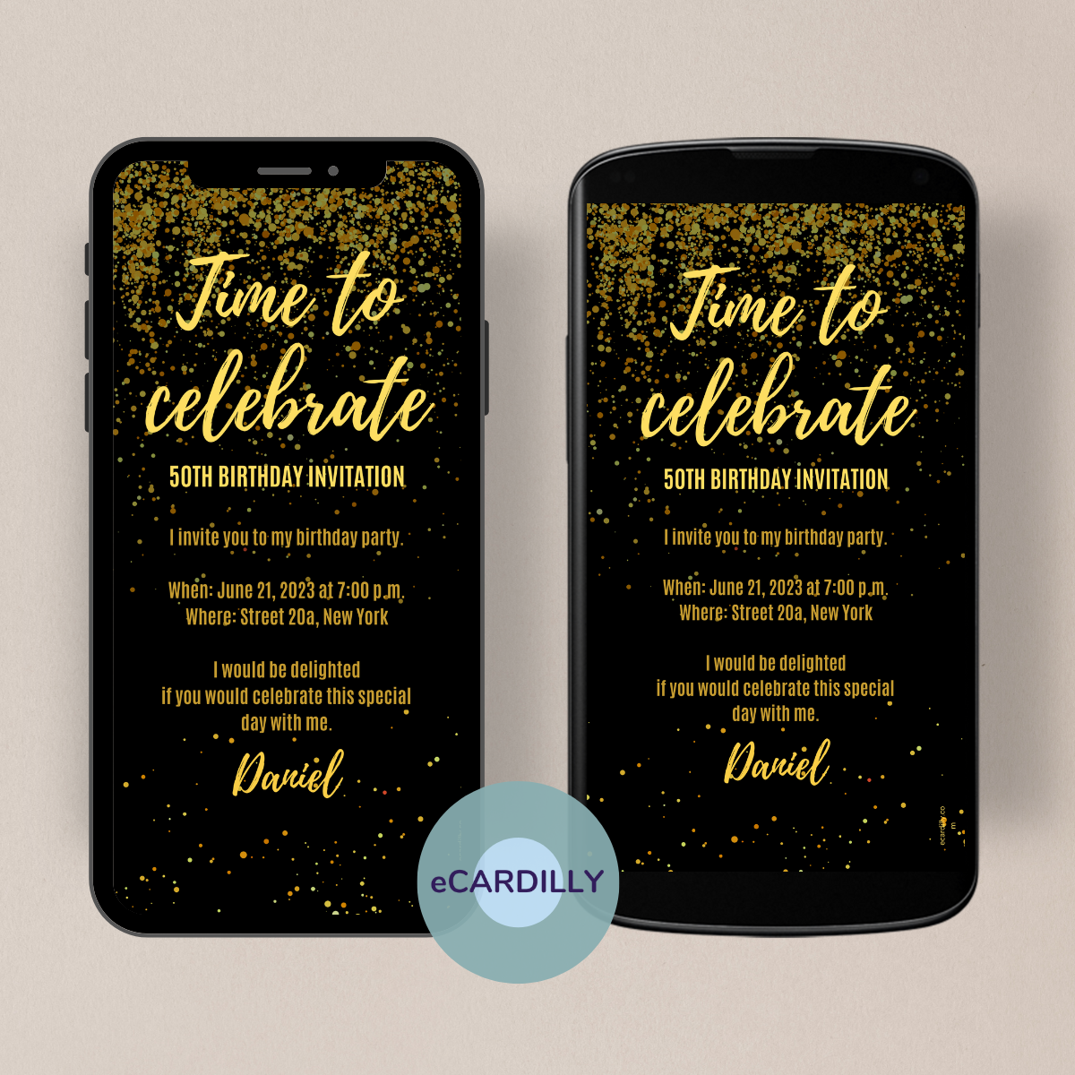 Beautiful invitation card in black color with gold glitter and gold writing.