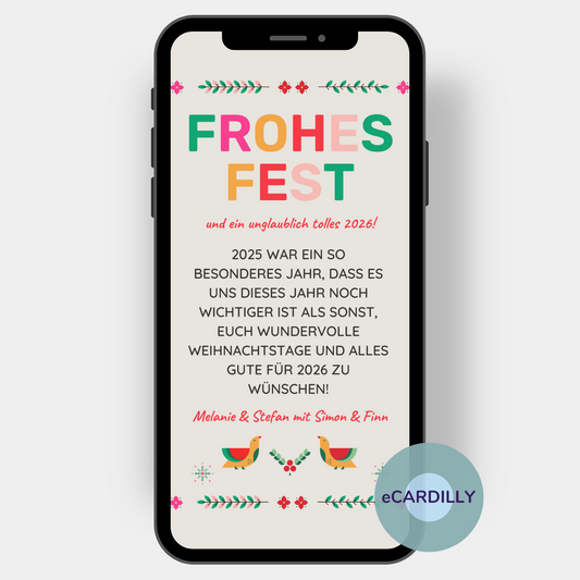 FROHES FEST stht in großen, bunten Buchstaben ganz oben auf dieser Weihnachtskarte, dazu kommen noch ein paar persönlich Grüße - auch für das neue Jahr! Die kleinen Design-Details dieser eCard erinnert ein wenig an die Kreuzstickereien unserer Großmütter
