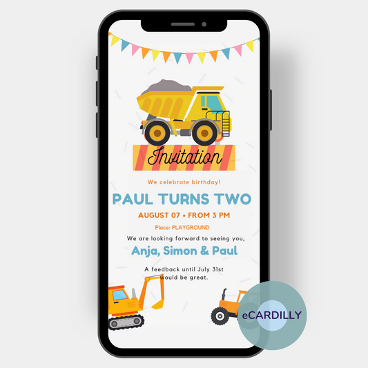 eCard for birthday - invitation for children birthday - truck - excavator - boy 