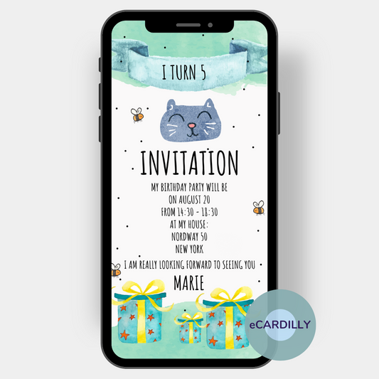 Invitation card with a cat with a little bee buzzing around his nose. Gifts - which of course also belong to a child's birthday - are also depicted on the card. Color: mint green - watercolor