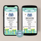 eCard for children birthday - Cute invitation for birthday - Cat head with two bees - Gifts at the bottom - Mint green colors - Watercolor