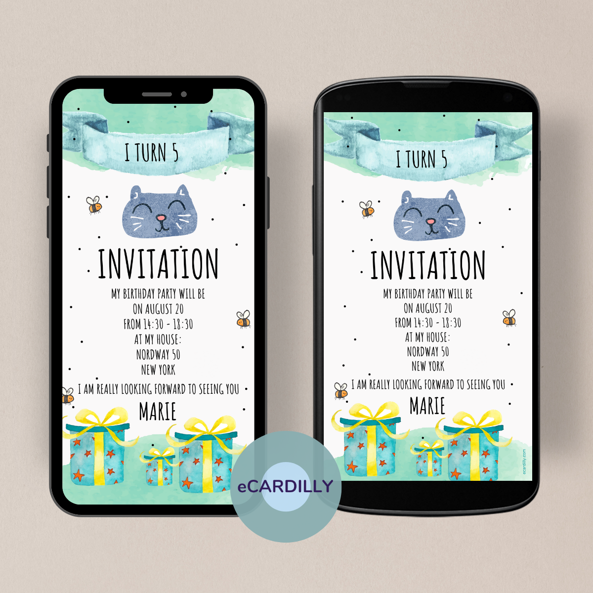 eCard for children birthday - Cute invitation for birthday - Cat head with two bees - Gifts at the bottom - Mint green colors - Watercolor