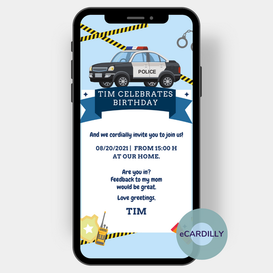 Children's birthday invitation for real police fans: With a police car, radio, handcuffs and barrier tape as motifs on blue and white invitation card. Dispatch digitally via cell phone, paperless.