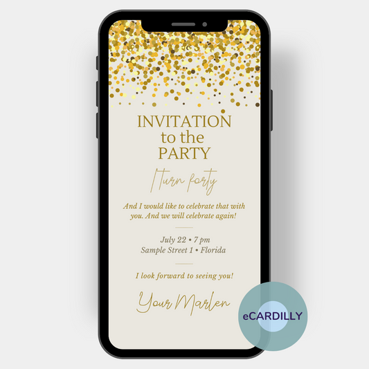 eCard for birthday. Gold Rush. Invitation to the party. WhatsApp.
