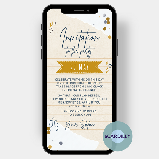 Invitation card in gold and brown with confetti and a band in gold.