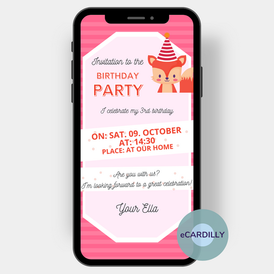 Invitation in pink for a child's birthday party. Stripes in the background are color matched to a small squirrel. So you can invite digitally and paperless.