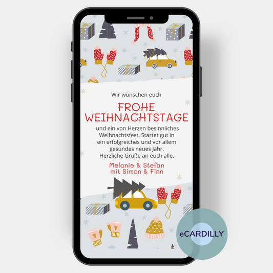 Wir wünschen Euch ein Frohes Fest steht in großen Lettern mitten auf dieser Weihnachtskarte. Rundherum schweben winterliche Bilder von Geschenken, einer warmen Mützen, einem Tannenbaum und Kaffeebecher sowie Shcneeflöckchen. Ein kleines Auto mit einem Tannebaum auf dem Dach überbringt die Grüße an Deine Freund*innen: Nach einem für alle sehr turbulenten Jahr wünschen wir euch alles Gute für ein hoffentlich ruhigeres Jahr