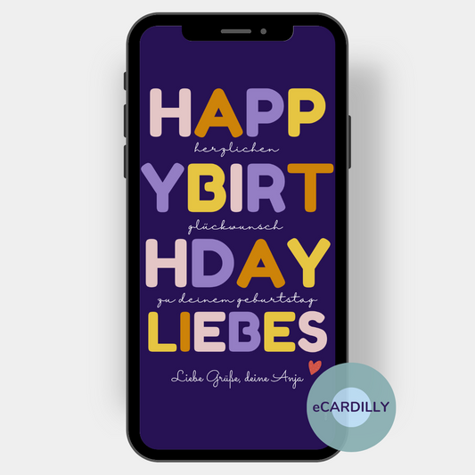 Digitale Vorlage eCard mit einem Hintergrund in lila und leuchtend bunten Buchstaben mit Happy Birthday Liebes.