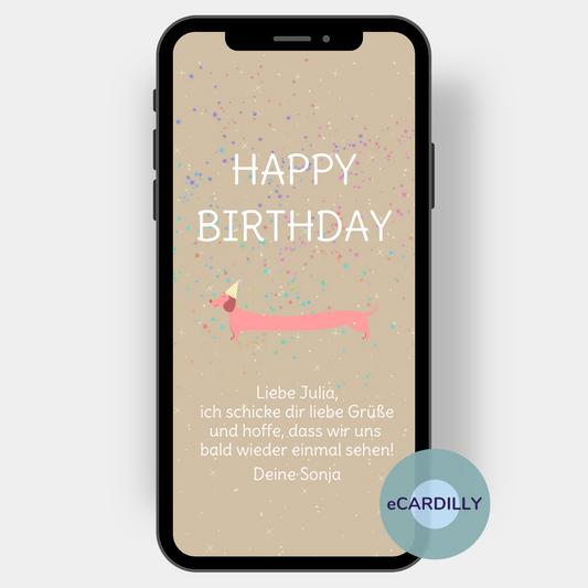Grußkarte zum Geburtstag mit einem Dackel in rosa und buntem Konfetti.