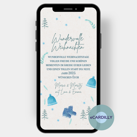 Die Weihnachtsgrüße auf dieser schlichten Karte mit hellem Schnee-Hintergund sind umrahmt von winterlichen Motiven: Dazu gehören Wollmützen, Tannebäume -und zweiglein, Schlittschuhe und kleine Glitzersterne.
