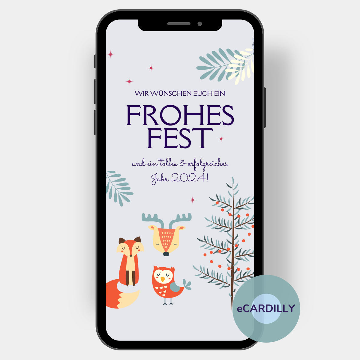 Frohes Fest: Wiehnachtsgrüße auf zartlila Hintergrund mit Fuchs, Eule und Rentier neben einem Tannenbaum